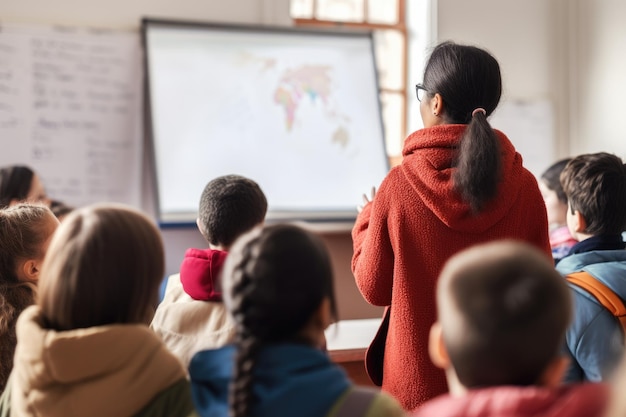 In a large classroom a pupil wearing a red scarf is explaining a math problem to other students