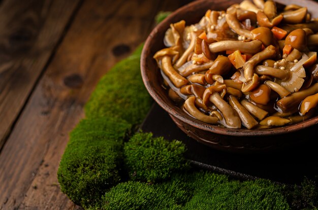 A large clay bowl with wild mushrooms (honey mushrooms), stands on an old wooden table with green moss. Eco products, natural gathering