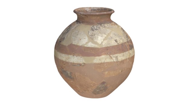 A large clay pot with a white background and a brown stripe.