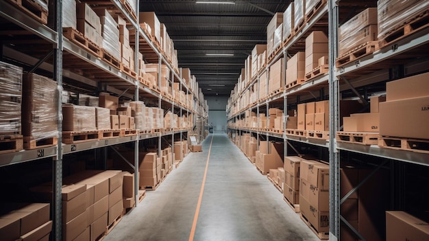 A large clean warehouse with shelfs carboard boxes and products Generative AI illustrator