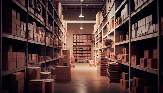 A large clean warehouse with shelfs carboard boxes and products Generative AI