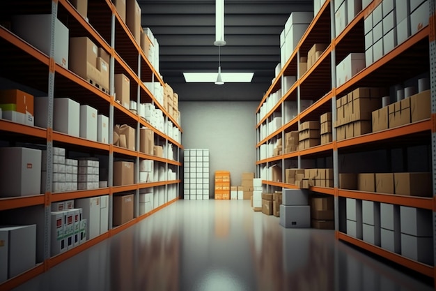 A large clean warehouse with shelfs carboard boxes.