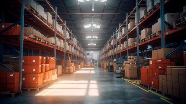 A large clean warehouse with shelves cardboard boxes and products Generative AI illustrator