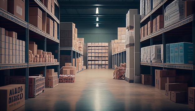 A large clean warehouse with shelves cardboard boxes and products Generative AI