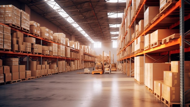 Photo a large clean warehouse with shelves cardboard boxes and products generative ai