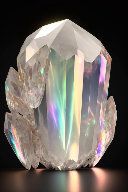 A large, clear, diamond - like gem sits on a black background.