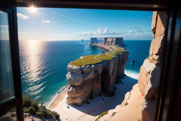 A large cliff with a beach and the sun shining on it.