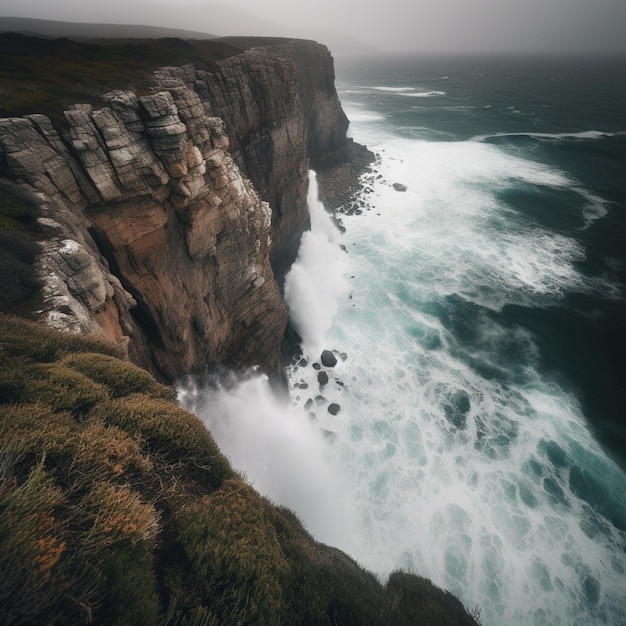 A large cliff with a large wave crashing on it