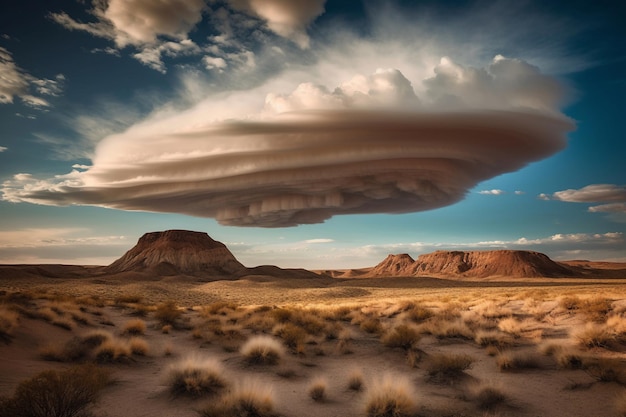 A large cloud over a desert landscape