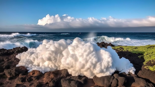 Foto una grande nuvola di schiuma galleggia sull'oceano.