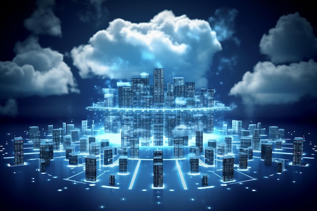 Большое облако висит над городом с множеством серверов, генерирующих ИИ.