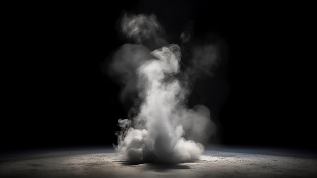 A large cloud of smoke is in the air on a black background.