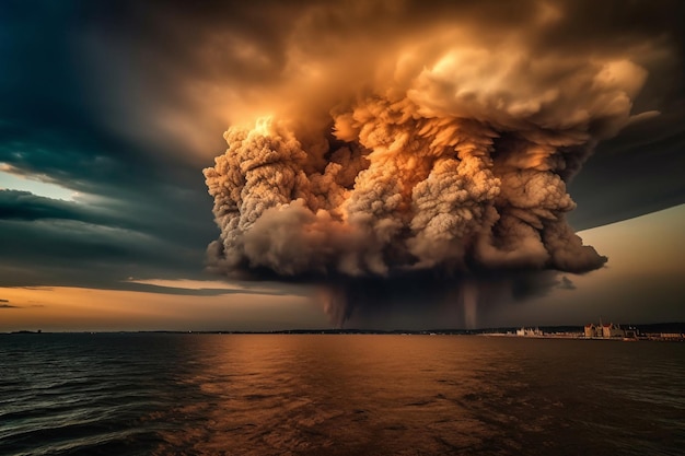 A large cloud of smoke is visible over the ocean.