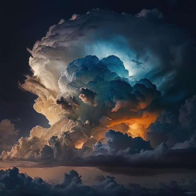 A large cloud with a blue and orange light is visible in the sky.