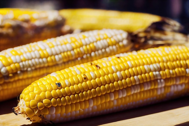 Large cobs of grilled corn with smooth yellow and brown roasted grains