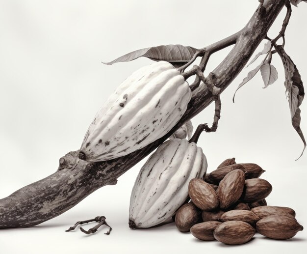 Photo the large cocoa pod and cocoa bean on the branch on white background in the style of light white