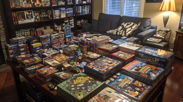 Photo a large collection of board games fills a room the games are neatly organized on shelves and in stacks on the floor