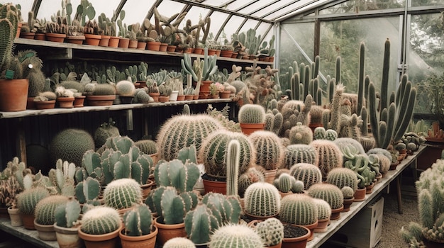 A large collection of cactuses are on display in a greenhouse.