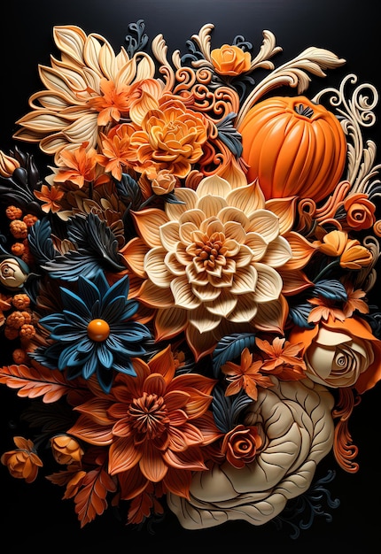 a large collection of flowers including one of the pumpkins