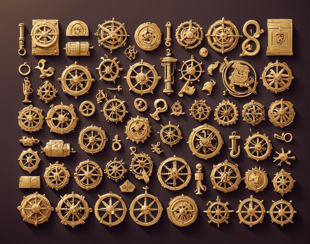 a large collection of gold gears and wheels
