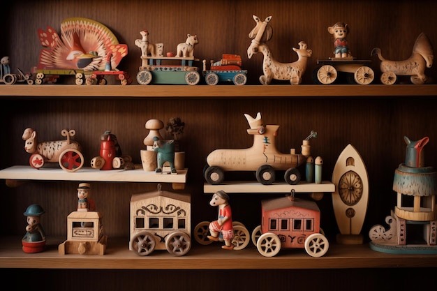 Large collection of handcrafted wooden toys displayed on rustic wooden shelf Generative AI