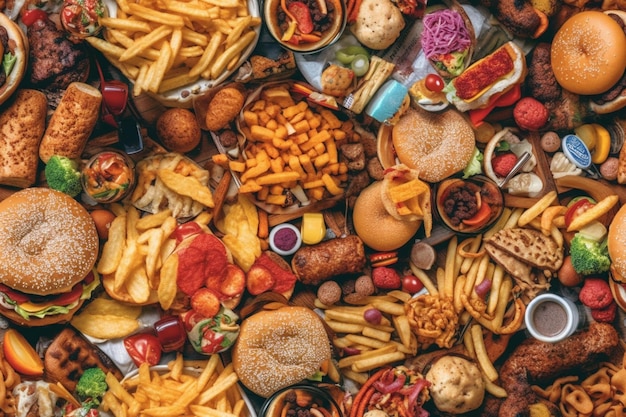 A large collection of junk food including burgers, fries, and fries.