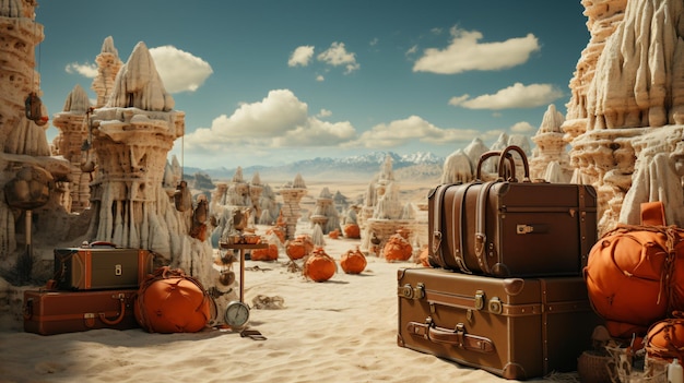 a large collection of luggage is on the ground in front of a mountain.