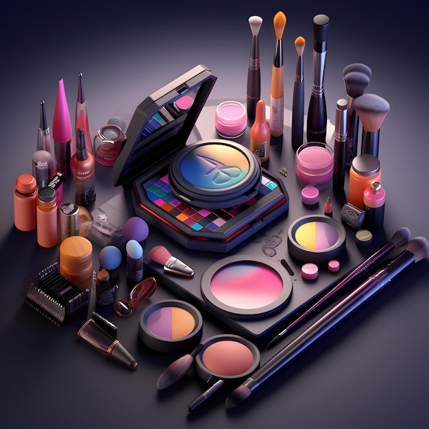 A large collection of makeup including a makeup set and a makeup brush.