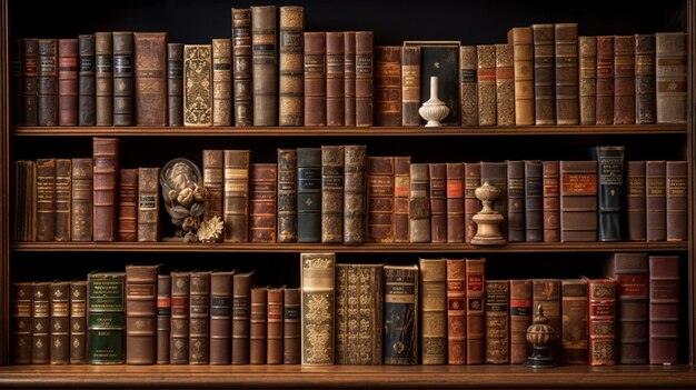 large collection of old books on a wooden bookshelf indoor