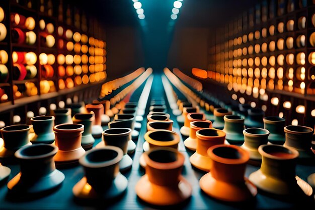 A large collection of pottery is displayed in a room with a wall of shelves with a large number of different sizes