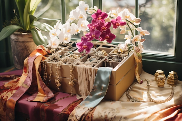 Foto grande collezione di sciarpe di seta scatola di gioielli e bouquet di orchidee ai generativa