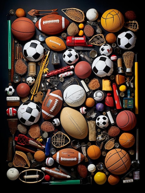 Photo a large collection of sports equipment including a football, soccer, football, and sports.