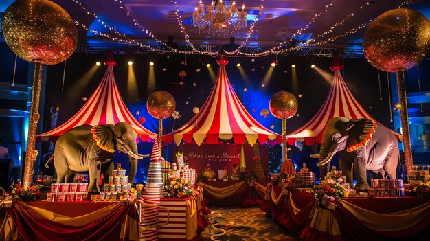 Photo a large and colorful circus tent with red and white stripes there are elephants balloons and other decorations inside the tent