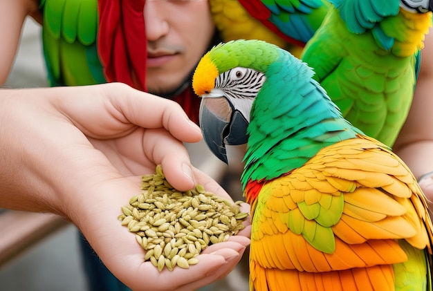 Большой красочный попугай ест руку человека.