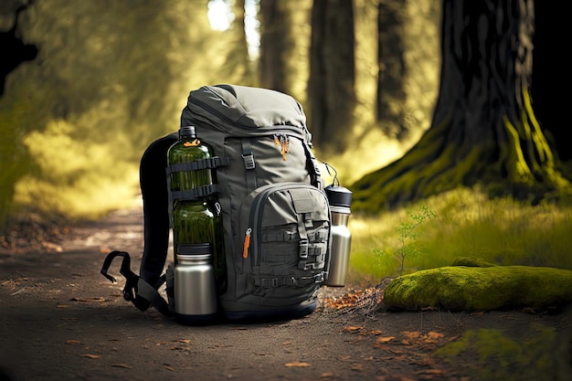 Large comfortable hiking travel backpack with thermos stands on path in forest