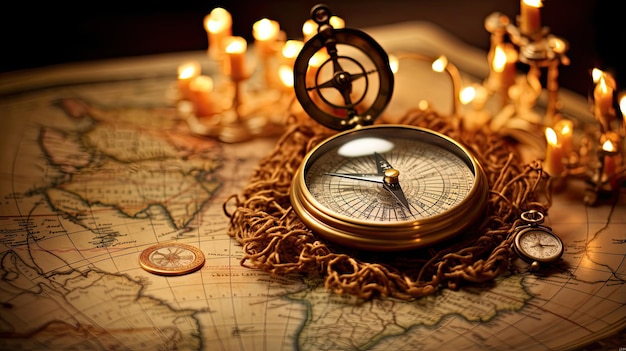 A large compass on a light ancient map of the world