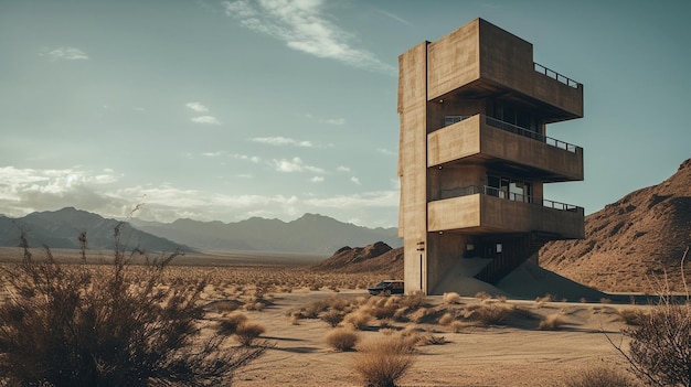 A large concrete building in the desert with mountains in the background