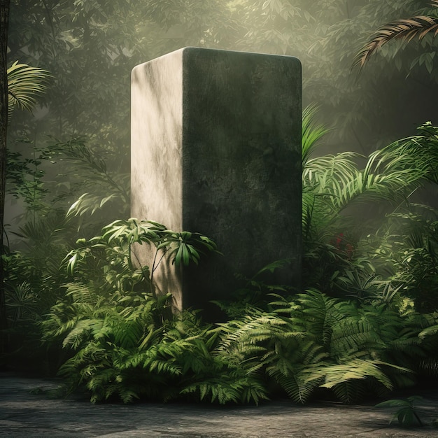 A large concrete structure in the jungle with green plants and a tree in the background.