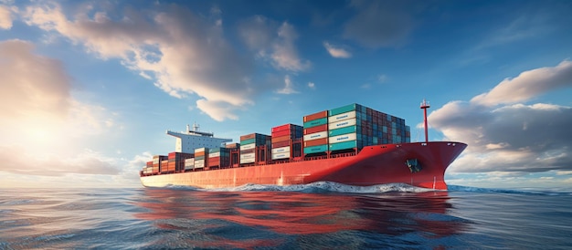 A large container cargo ship can be seen traveling across the ocean in a front view with enough