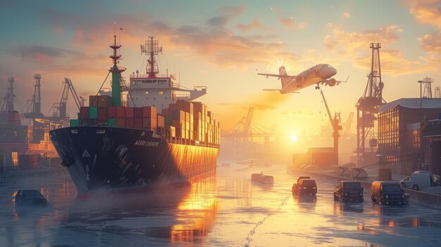 A large container ship is docked at a busy port while an airplane flies overhead