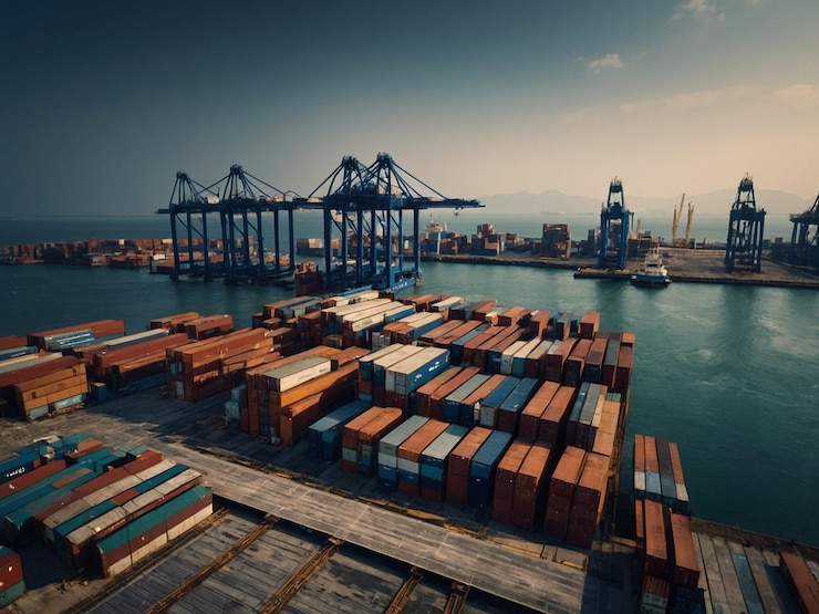 Photo a large container ship is docked in front of a large container ship
