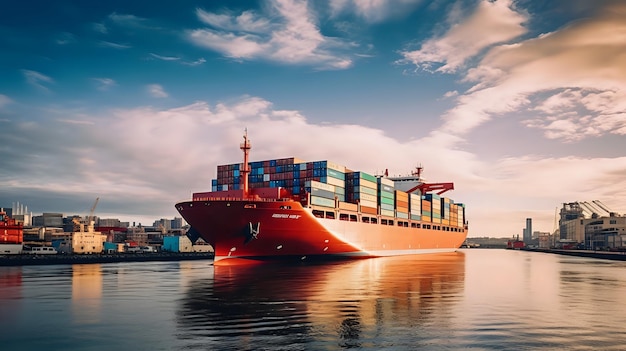 Foto una grande nave portacontainer è ormeggiata in un porto. la nave è rossa e