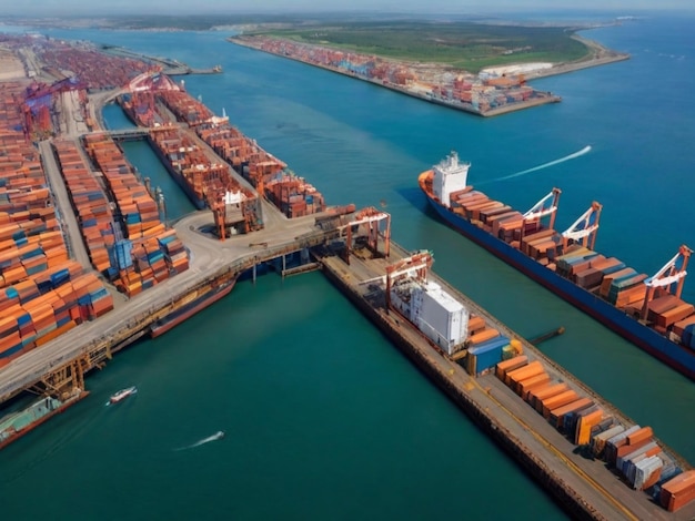 a large container ship is docked in the water with a boat in the water