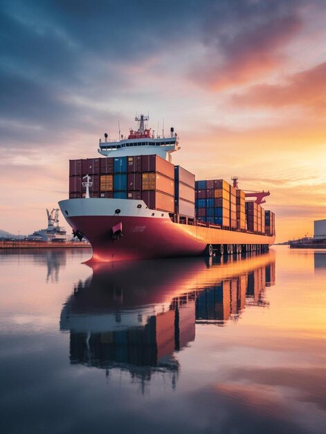 a large container ship is docked in the water with a sunset in the background