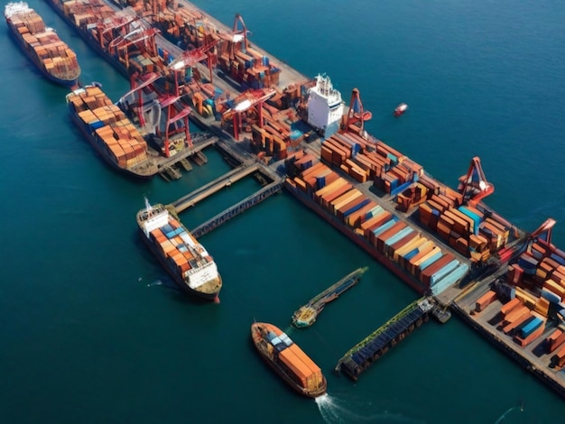 a large container ship is docked in the water