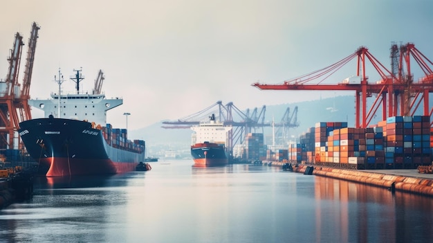 a large container ship is in the water and a large crane is in the background.