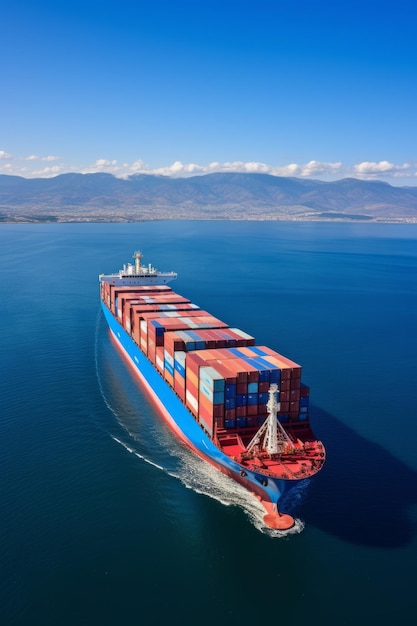 A large container ship sails on the ocean