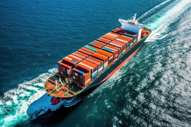 Large Container Ship At Sea Top Down Aerial