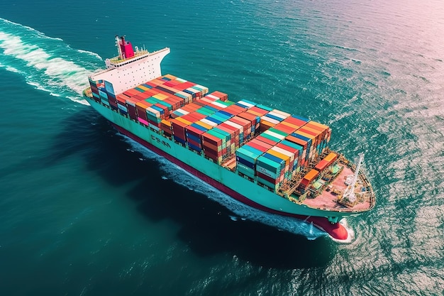 Large Container Ship At Sea Top Down Aerial