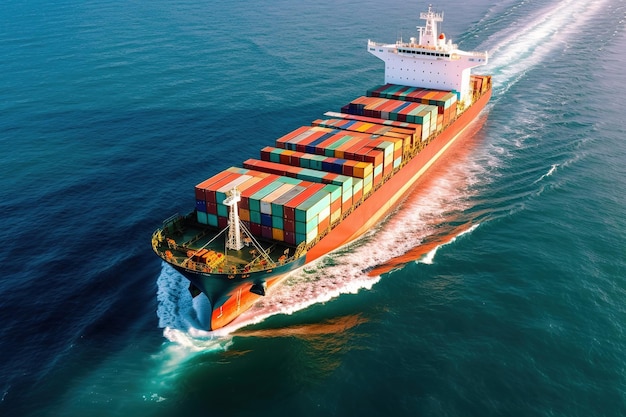 Large Container Ship At Sea Top Down Aerial